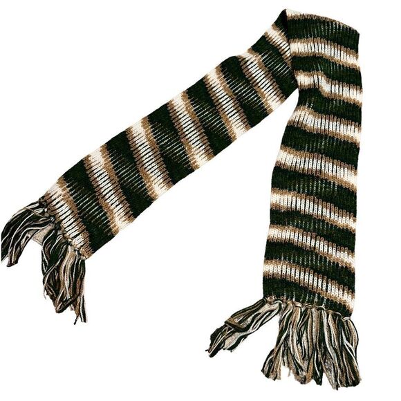 Very nice women green and tan striped scarf 100% acrylic excellent condition - Picture 1 of 3